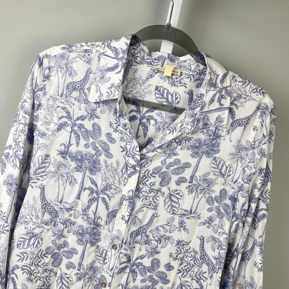 Jane‎ + Delancey Giraffe Toile Hi Lo Shirt Top Womens L Purple White Button Up